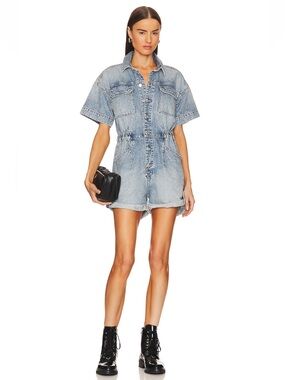 NEW Free People Marci Cuffed Light Wash Denim Short Sleeve Romper